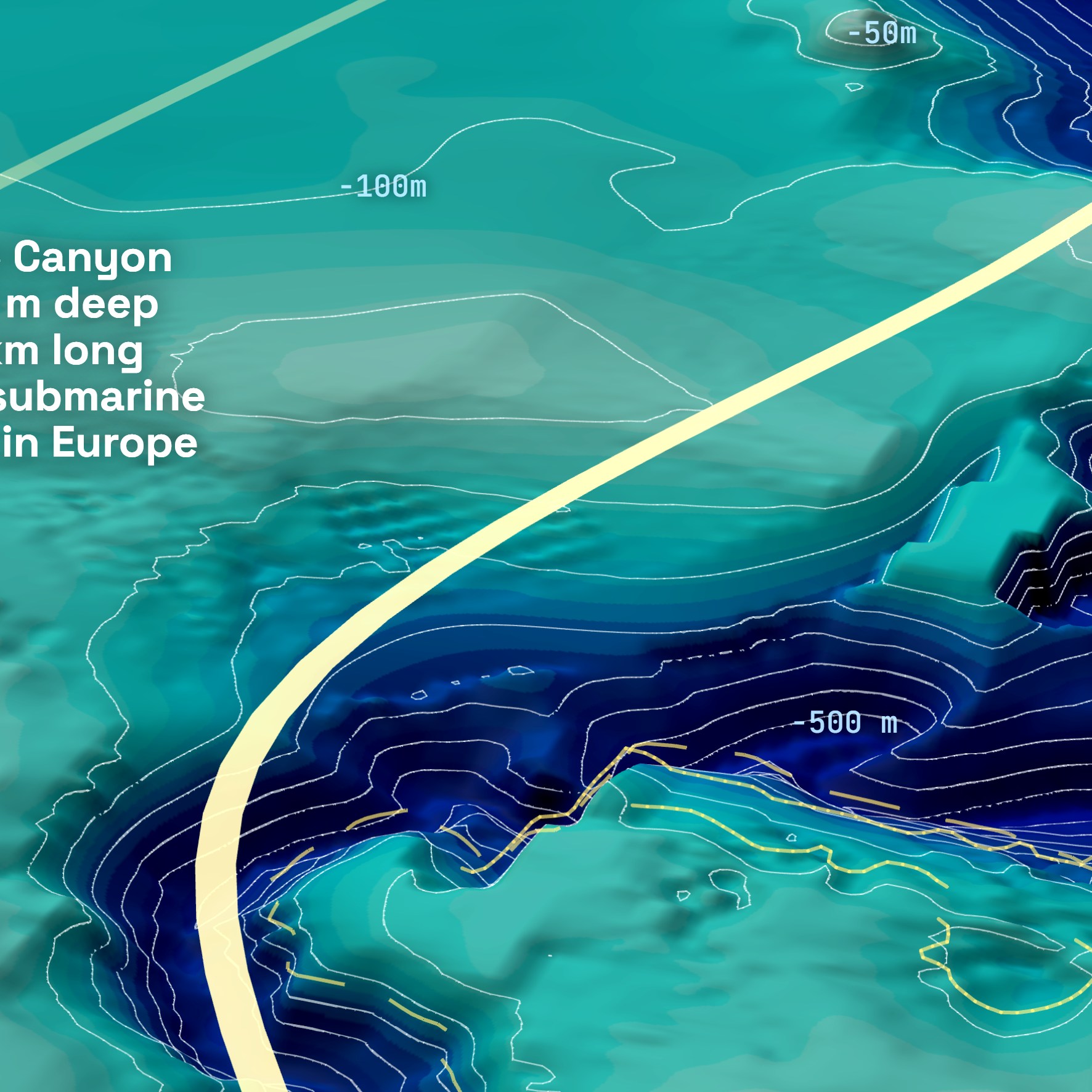 Bathymetric contour lines showing the Nazaré Canyon