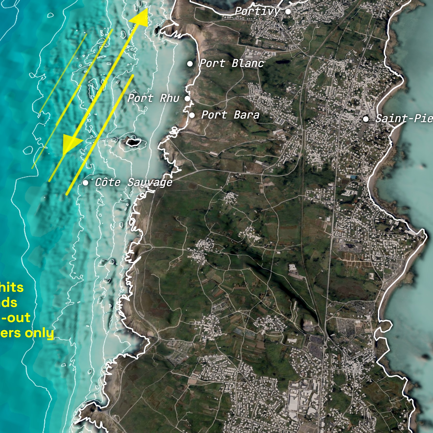 Coastline, roads, buildings and place names on the Quiberon peninsula
